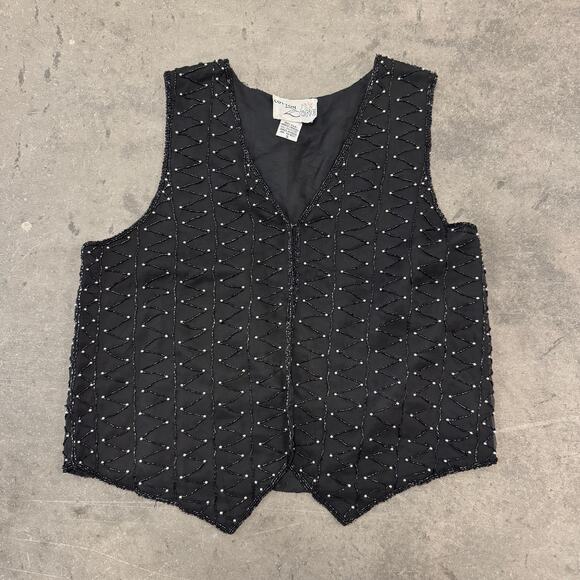 Vintage Tops - Vintage Y2K 90's Silk Embellished Sequin Beaded Black Vest Women's Small